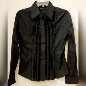 NEW YORK & CO Stretch Black Velvet Striped Button Tuxedo Style Blouse, Small